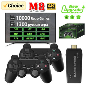 M8 Video Game Stick Console, controlador sem fio duplo, 2.4G, 4K, 10000 jogos, 64GB, jogo retro para Dropshipping, presente de Natal